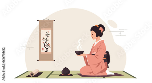 Elegant Japanese Tea Ceremony With Geisha Offering Tea In Calm Ambiance