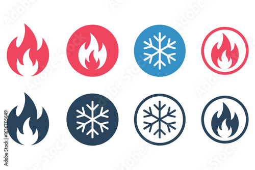 Hot and Cold Icons Vector, Fire Flame and Ice Snowflake Symbols for Temperature and Climate Concepts