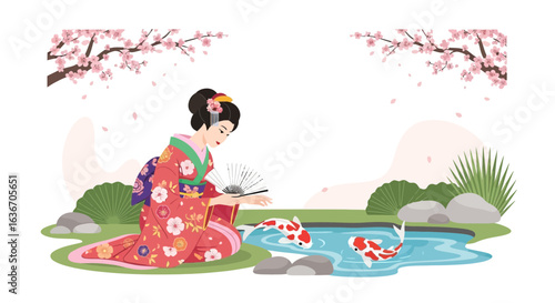Elegant japanese woman in kimono by a pond with koi fish under cherry blossoms