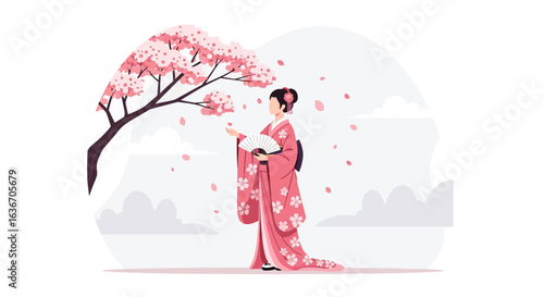 Elegant Kimono Lady Beneath Blooming Cherry Tree In Gentle Pink Hues