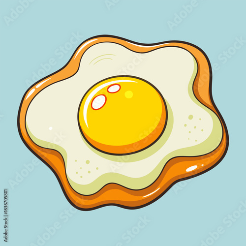 Fried egg illustration with vibrant colors in a simple style. Flat lay view of a single fried egg with a runny yolk. presented against a light blue background.