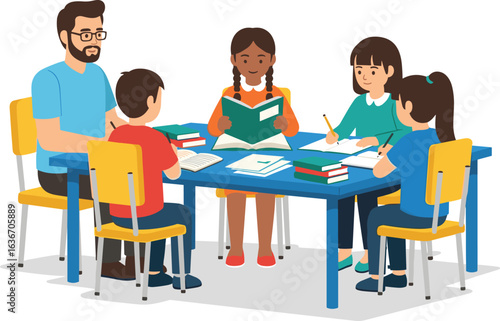 Students studying together, teacher guiding, classroom teamwork, educational collaboration, school project, academic support, group learning, diverse classroom, homework help, reading session