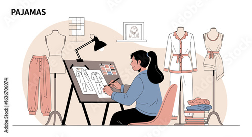 Creative Fashion Designer Working on Pajamas Sketch at Her Studio Table