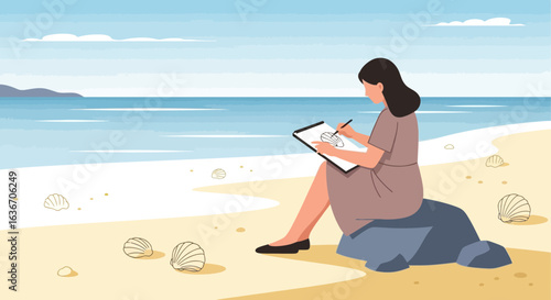 Creative Inspiration On Vacation Woman Drawing At The Beach Summer Holiday