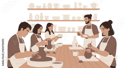 Creative pottery workshop with diverse group crafting ceramics together with guidance