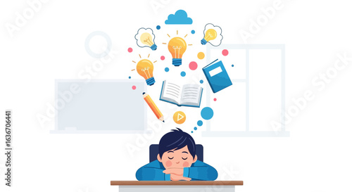 Creative Student Dreaming Of New Ideas And Education Materials At His Desk