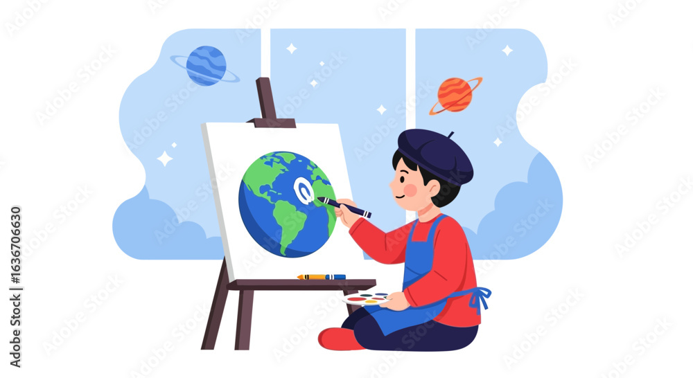 Fototapeta premium Creative young artist painting earth on canvas in space themed studio illustration