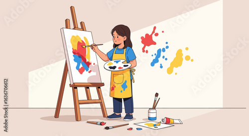 Creative Young Artist Painting Abstract Expressionism On Canvas In Studio
