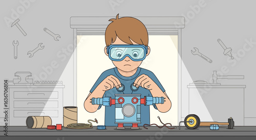 Creative Youngster Engaged In Constructing a Robot from Recycled Materials