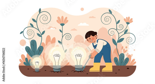 Cultivating Ideas A Young Gardener Nurturing Light Bulbs Into Blooming Innovations