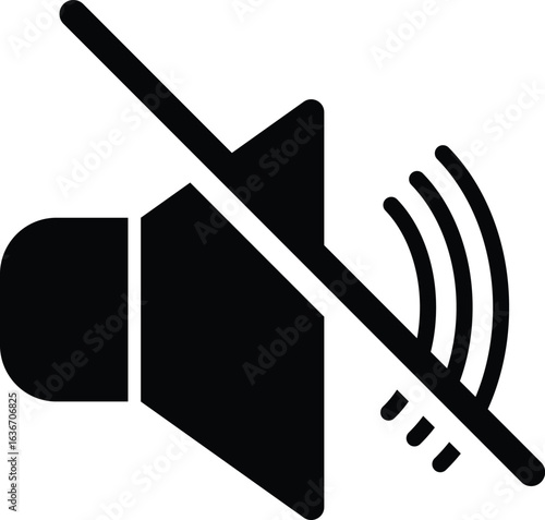 Mute or no sound symbol icon in minimalist vector style, featuring speaker with strike-through line, isolated on white background for audio control, silence, and media interface themes.
