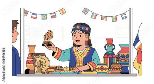 Cultural Artisan Displaying Traditional Handicraft Souvenirs at International Exposition