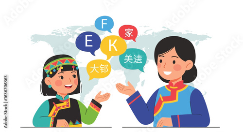 Cultural Exchange Through Language Two Women Sharing Thoughts With Speech Bubbles