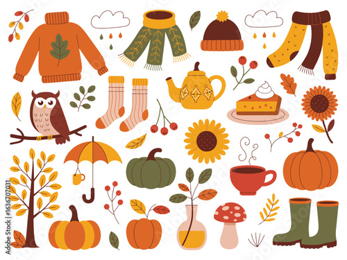 Cozy Autumn Illustration Set, Whimsical Flat Vector Icons Featuring Pumpkins, Owls, and Warm Clothes