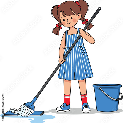 Young girl mopping floor, household chores, child helping with cleaning, domestic task, cute cartoon, mop and bucket, home hygiene, responsibility