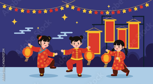 Cute Girls Celebrating Lunar New Year with Lanterns and Festive Decorations