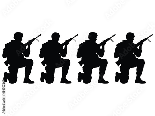 A group of soldiers kneeling with rifles. Black and white silhouette vector illustration for military concepts.