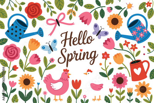 Hello Spring Greeting Card Illustration, Colorful Flowers, Cute Chicken, Butterflies, and Gardening Elements