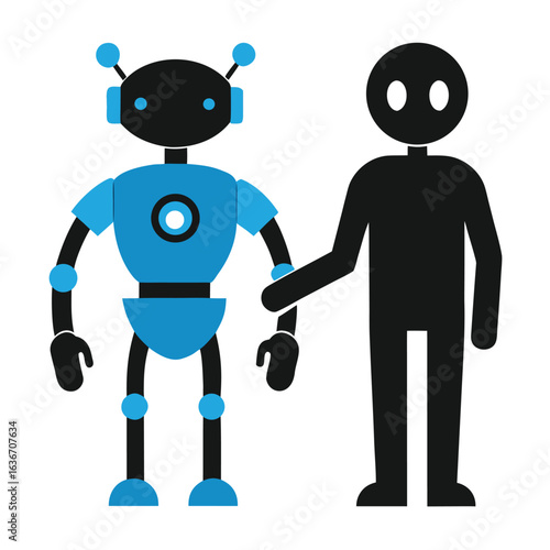 Futuristic robot and human shaking hands symbolizing technology and collaboration in a clean silhouette