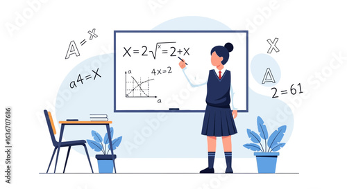 Dedicated Young Female Math Teacher Explaining an Equation on Whiteboard In Classroom