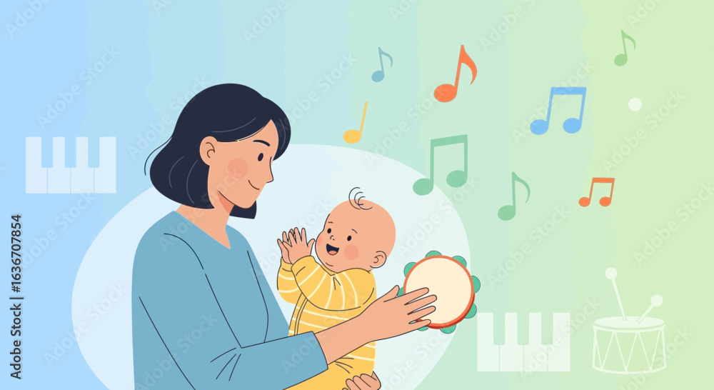 Obraz premium Delightful illustration of a mother and baby enjoying music together with musical notes background providing a serene ambiance