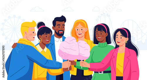 Delightful Moments Group Of Friends Enjoying Cotton Candy Together At Amusement Park