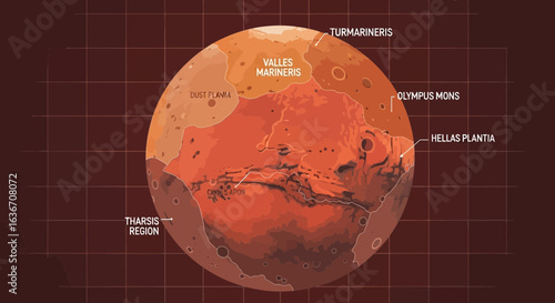 Detailed Topographical Map Of Mars Showing Key Features And Regions