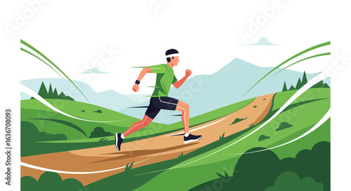 Determined Runner Conquering a Scenic Uphill Trail Amidst Lush Greenery and Distant Peaks