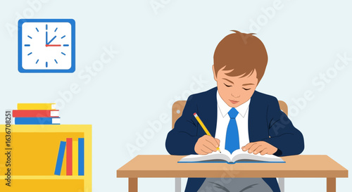 Diligent Schoolboy Engaged In Classwork With Textbook At Desk