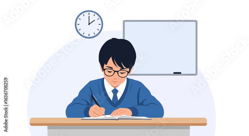 Diligent Student Focused On Learning In The Classroom Illustration