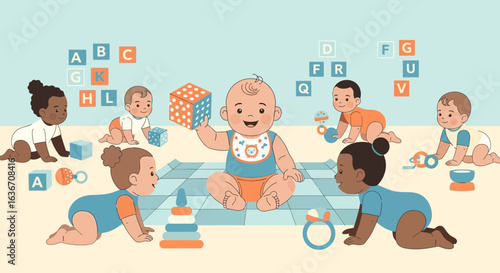 Diverse Babies Playing Together With Educational Toys And Learning Alphabet