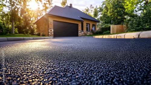 Freshly laid blacktop asphalt enhances the driveway entrance to a home.