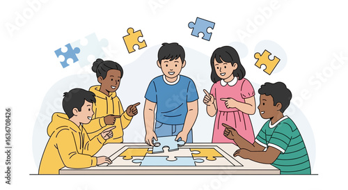 Diverse Children Collaborate on Jigsaw Puzzle Together Demonstrating Teamwork Concept