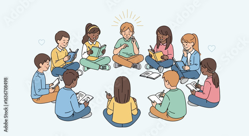 Diverse Children In Circle Learning And Studying Together Education Concept