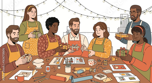 Diverse Group Creating and Wrapping Gifts For Holiday Season Celebration