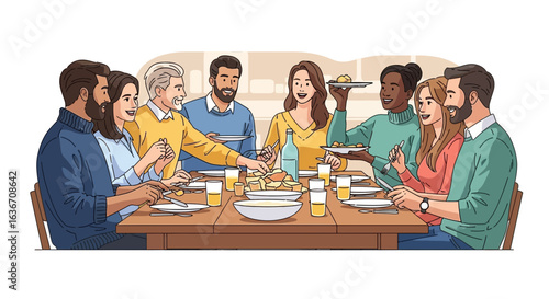 Diverse Group Enjoying Festive Meal Gathering For Thanksgiving Celebration