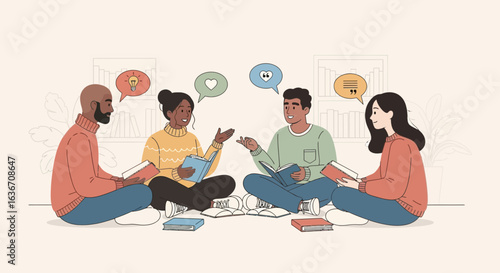 Diverse Group Discussing Literary Ideas Sitting In Circle With Books