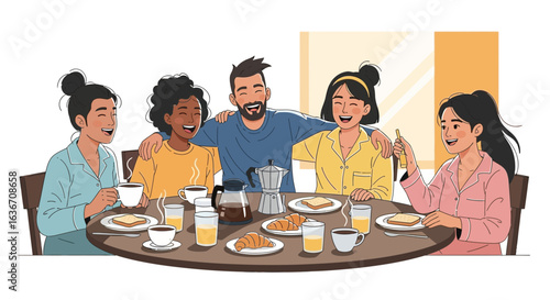 Diverse Group Enjoys Breakfast Together in Pajamas Sharing Happiness and Laughter