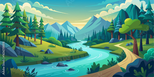 Colorful mountain river landscape with lush greenery and trees. Serene scene of a winding river flowing through a valley nestled amongst mountains. Nature scene
