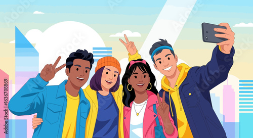 Diverse group of friends taking selfie with cityscape background radiates youthful joy