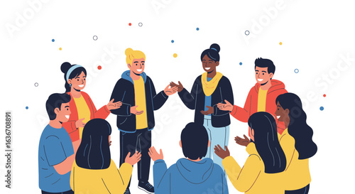 Diverse group of people gathered in a circle for discussion and cooperation unity