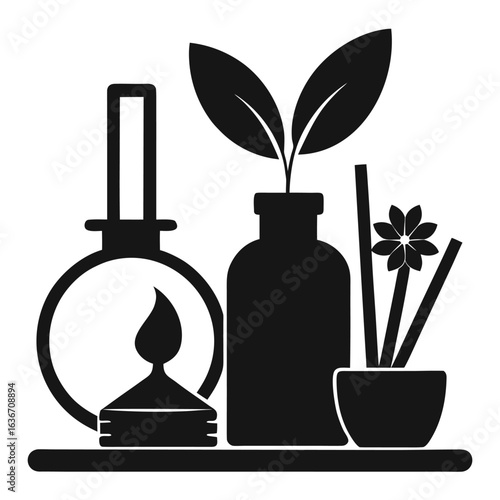 Serene aromatherapy setup with essential oil bottles and diffuser silhouette icons