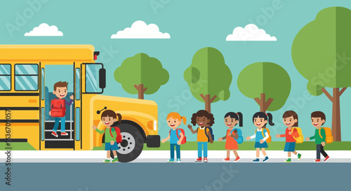 Diverse Students Boarding School Bus on a Sunny Day Illustration For Back To School
