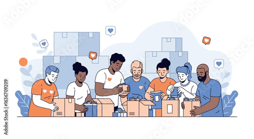 Diverse volunteers packing donation boxes together for a charitable cause illustration