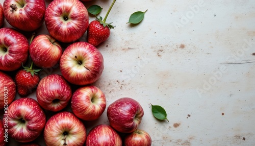 Juicy red apples with a green leaf, symbol of freshness and healthy eating fresh
