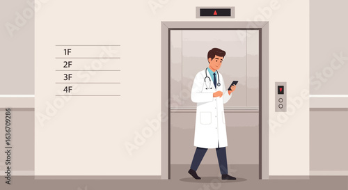 Doctor texting on his phone in hospital elevator corridor professional busy modern