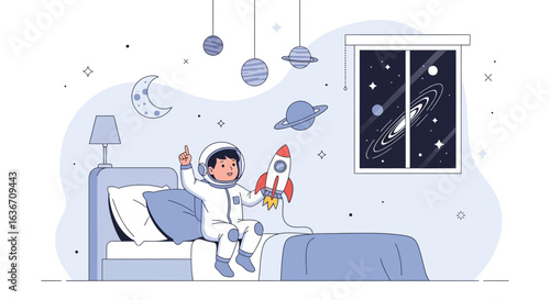 Dreaming Of Space Adventures Young Astronaut In Bedroom Interior Illustration