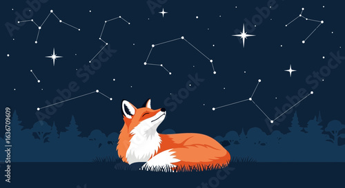 Dreamy fox gazing at the constellations in the night sky beneath a canopy of twinkling stars