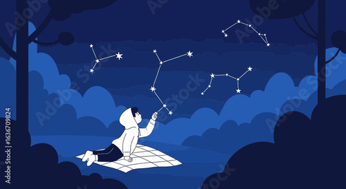 Dreamy night exploration: A child gazing at constellations under the starry sky in the quiet woods