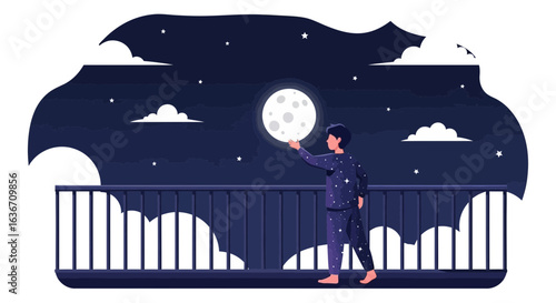 Dreamy Night Scene Person Reaching for Moon on Balcony at Nightfall